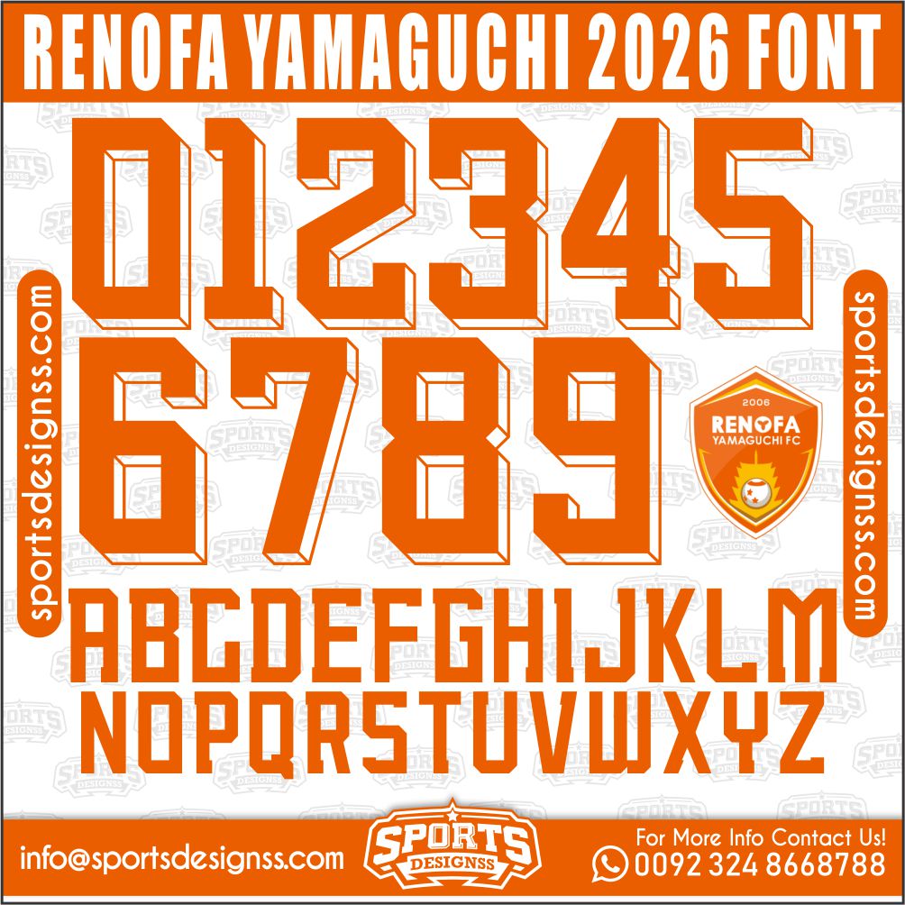 Download the RENOFA YAMAGUCHI 2026 Font by Sports Designss – a premium football jersey font inspired by modern kits. Perfect for creating professional soccer designs, team jerseys, and custom branding projects.