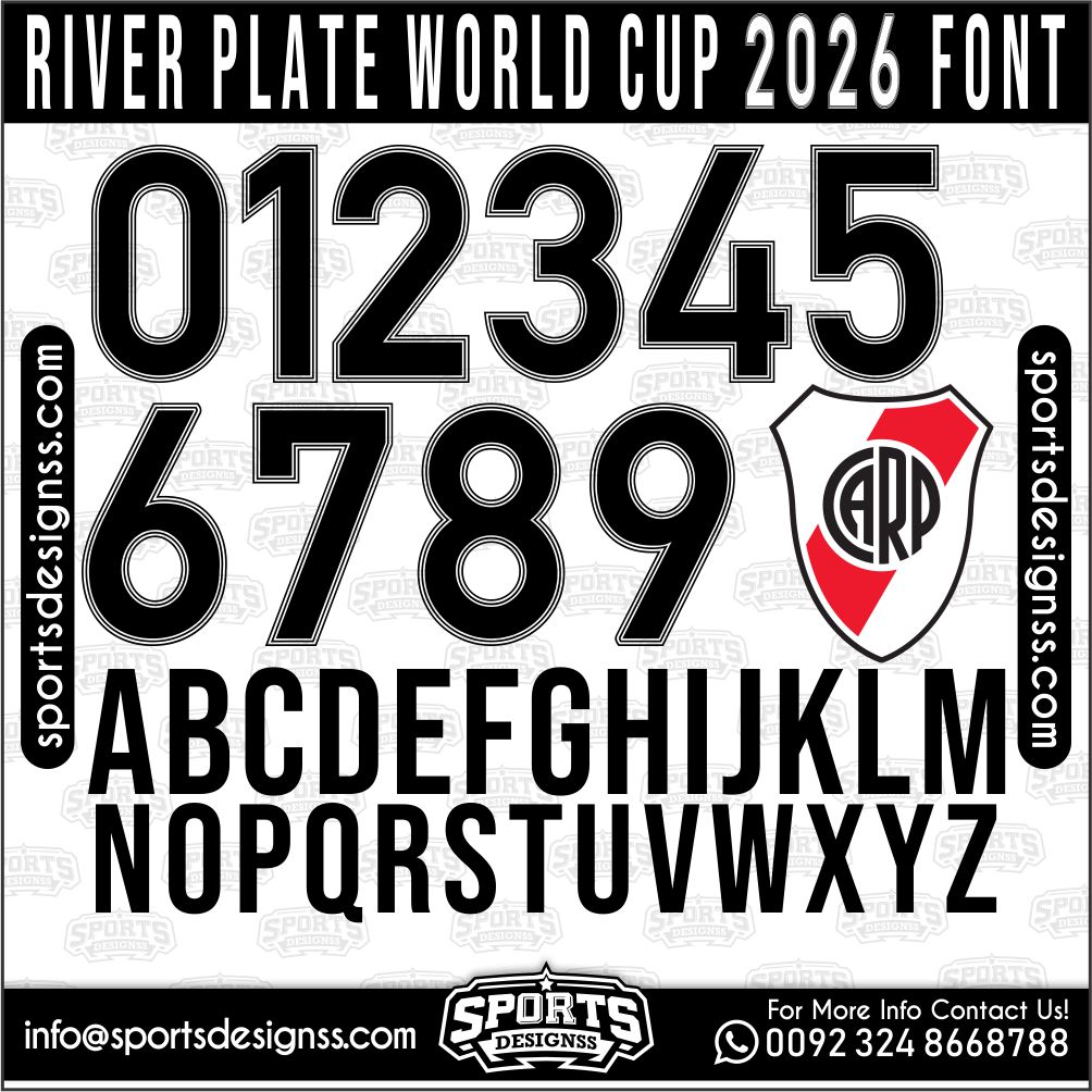 Download the RIVER PLATE WORLD CUP 2026 Font by Sports Designss – a premium football jersey font inspired by modern kits. Perfect for creating professional soccer designs, team jerseys, and custom branding projects.
