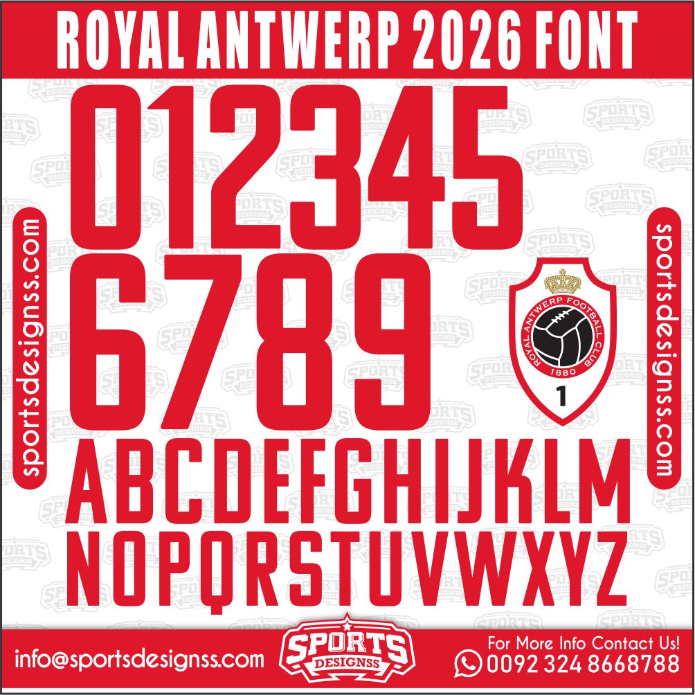 Download the ROYAL ANTWERP 2026 Font by Sports Designss – a premium football jersey font inspired by modern kits. Perfect for creating professional soccer designs, team jerseys, and custom branding projects.