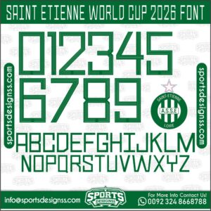 Download the SAINT ETIENNE WORLD CUP 2026 Font by Sports Designss – a premium football jersey font inspired by modern kits. Perfect for creating professional soccer designs, team jerseys, and custom branding projects.