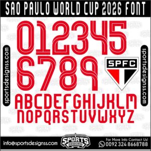 Download the SAO PAULO WORLD CUP 2026 Font by Sports Designss – a premium football jersey font inspired by modern kits. Perfect for creating professional soccer designs, team jerseys, and custom branding projects.