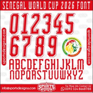 Download the SENEGAL WORLD CUP 2026 Font by Sports Designss – a premium football jersey font inspired by modern kits. Perfect for creating professional soccer designs, team jerseys, and custom branding projects.