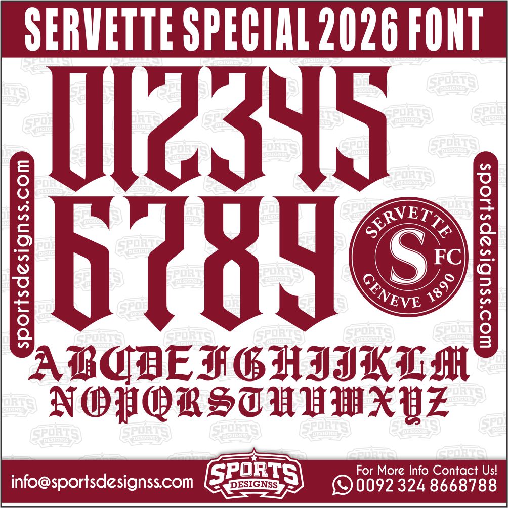 Download the SERVETTE SPECIAL 2026 Font by Sports Designss – a premium football jersey font inspired by modern kits. Perfect for creating professional soccer designs, team jerseys, and custom branding projects.