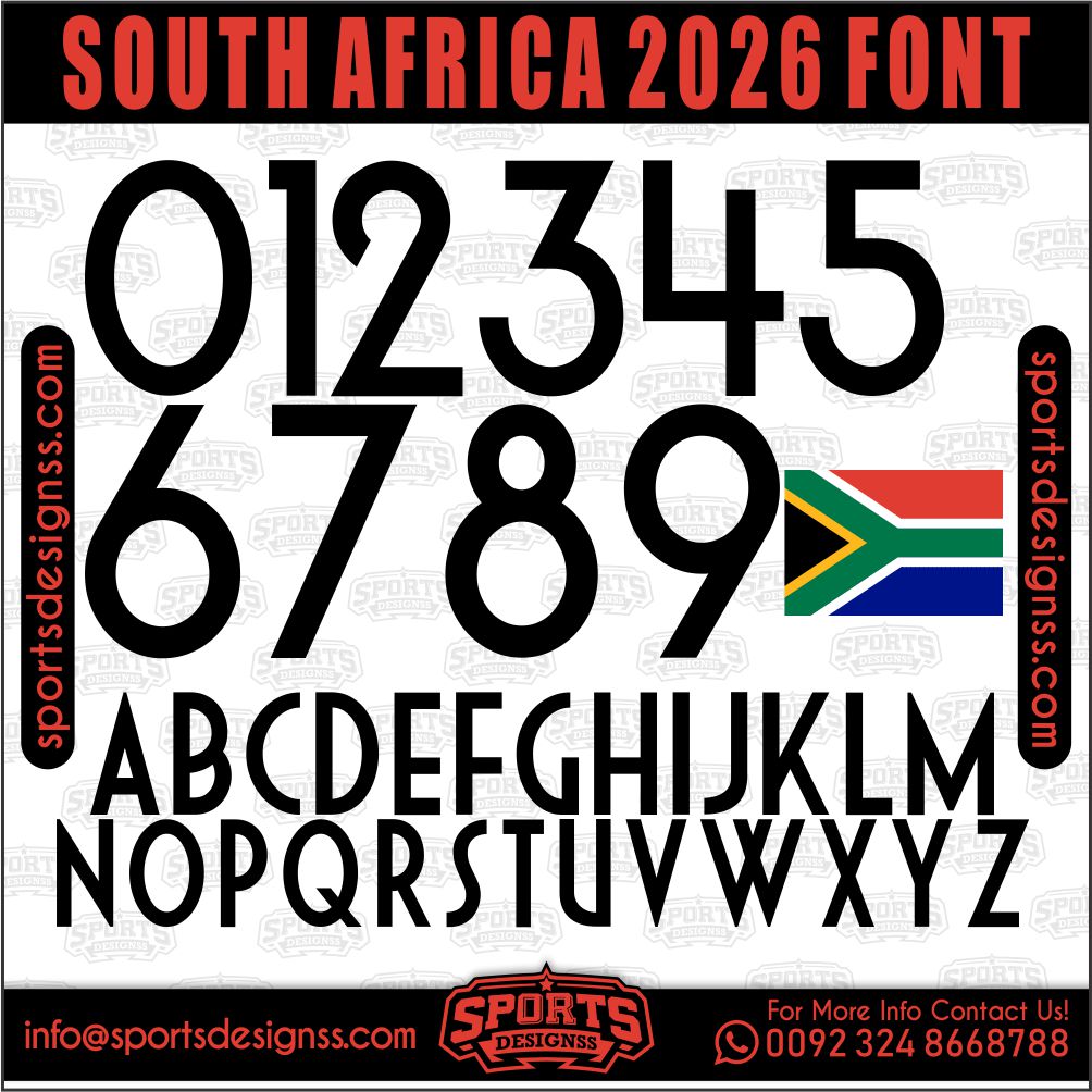Download the SOUTH AFRICA 2026 Font by Sports Designss – a premium football jersey font inspired by modern kits. Perfect for creating professional soccer designs, team jerseys, and custom branding projects.