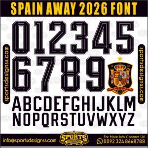 Download the SPAIN AWAY 2026 Font by Sports Designss – a premium football jersey font inspired by modern kits. Perfect for creating professional soccer designs, team jerseys, and custom branding projects.