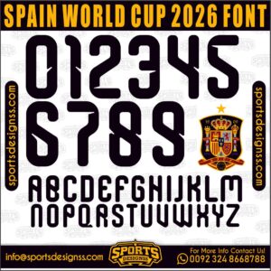 Download the SPAIN WORLD CUP 2026 Font by Sports Designss – a premium football jersey font inspired by modern kits. Perfect for creating professional soccer designs, team jerseys, and custom branding projects.