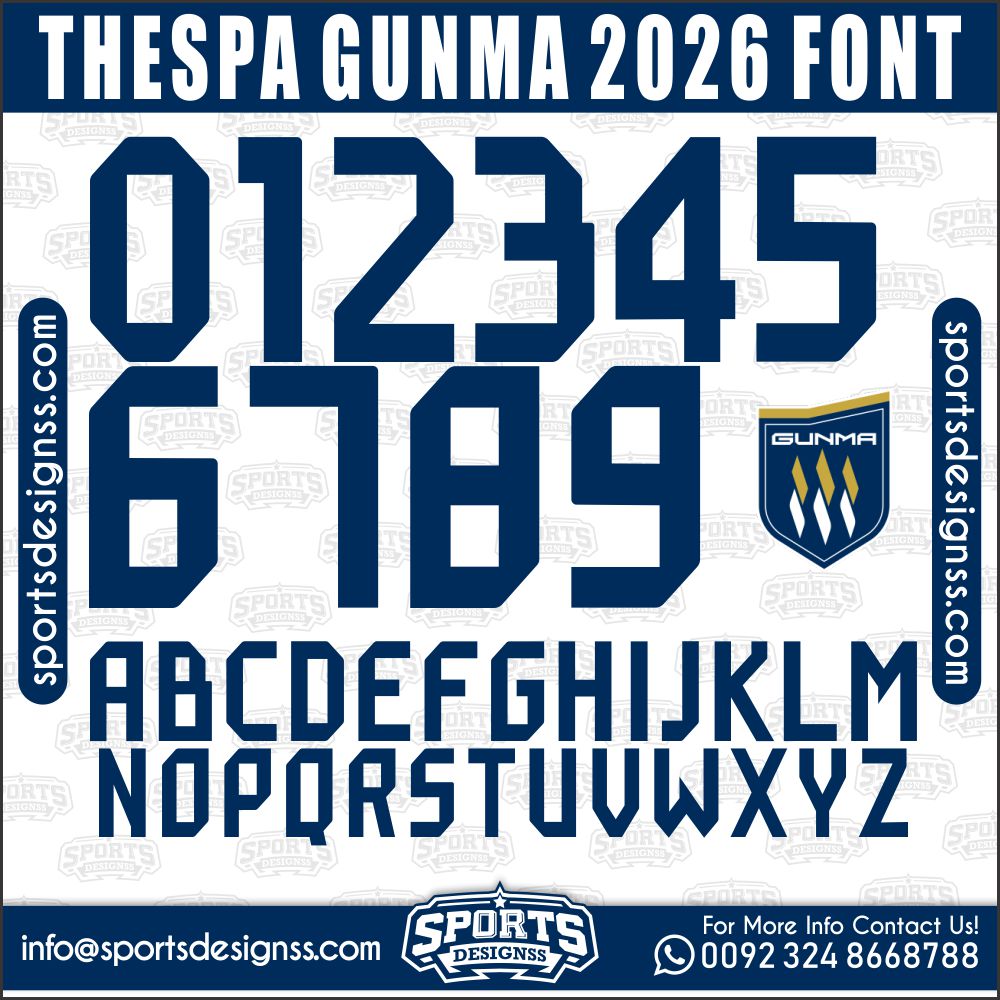 Download the THESPA GUNMA 2026 Font by Sports Designss – a premium football jersey font inspired by modern kits. Perfect for creating professional soccer designs, team jerseys, and custom branding projects.