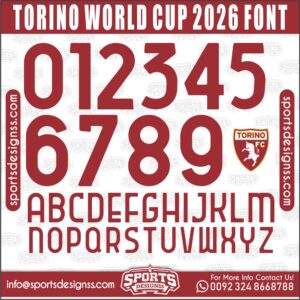 Download the TORINO WORLD CUP 2026 Font by Sports Designss – a premium football jersey font inspired by modern kits. Perfect for creating professional soccer designs, team jerseys, and custom branding projects.