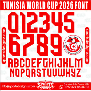 Download the TUNISIA WORLD CUP 2026 Font by Sports Designss – a premium football jersey font inspired by modern kits. Perfect for creating professional soccer designs, team jerseys, and custom branding projects.
