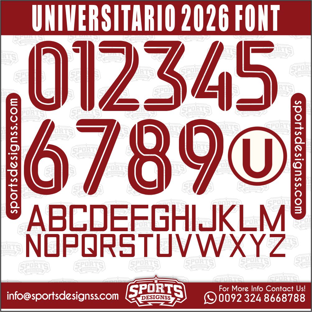 Download the UNIVERSITARIO 2026 Font by Sports Designss – a premium football jersey font inspired by modern kits. Perfect for creating professional soccer designs, team jerseys, and custom branding projects.