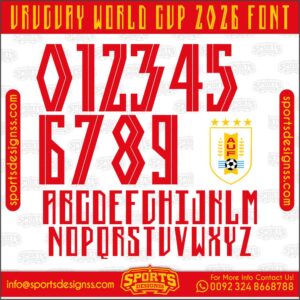 Download the URUGUAY WORLD CUP 2026 Font by Sports Designss – a premium football jersey font inspired by modern kits. Perfect for creating professional soccer designs, team jerseys, and custom branding projects.