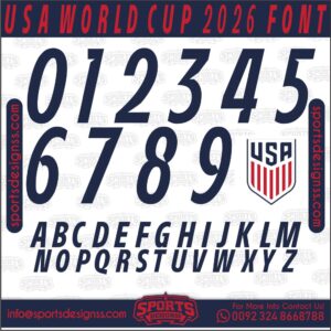 Download the USA WORLD CUP 2026 Font by Sports Designss – a premium football jersey font inspired by modern kits. Perfect for creating professional soccer designs, team jerseys, and custom branding projects.