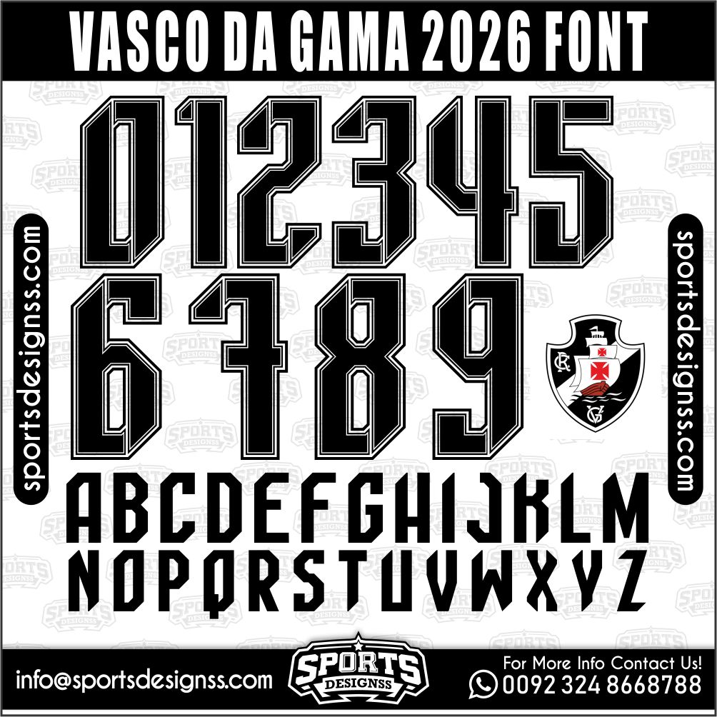 Download the VASCO DA GAMA 2026 Font by Sports Designss – a premium football jersey font inspired by modern kits. Perfect for creating professional soccer designs, team jerseys, and custom branding projects.