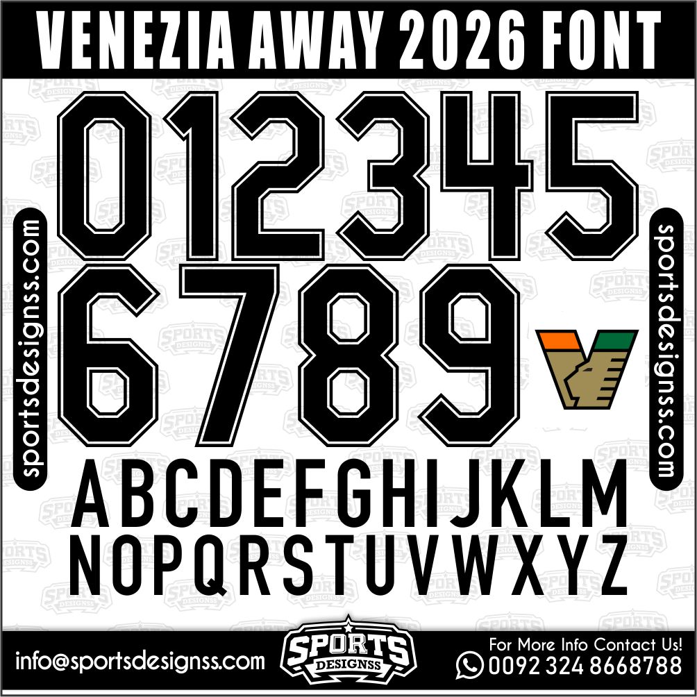 Download the VENEZIA AWAY 2026 Font by Sports Designss – a premium football jersey font inspired by modern kits. Perfect for creating professional soccer designs, team jerseys, and custom branding projects.