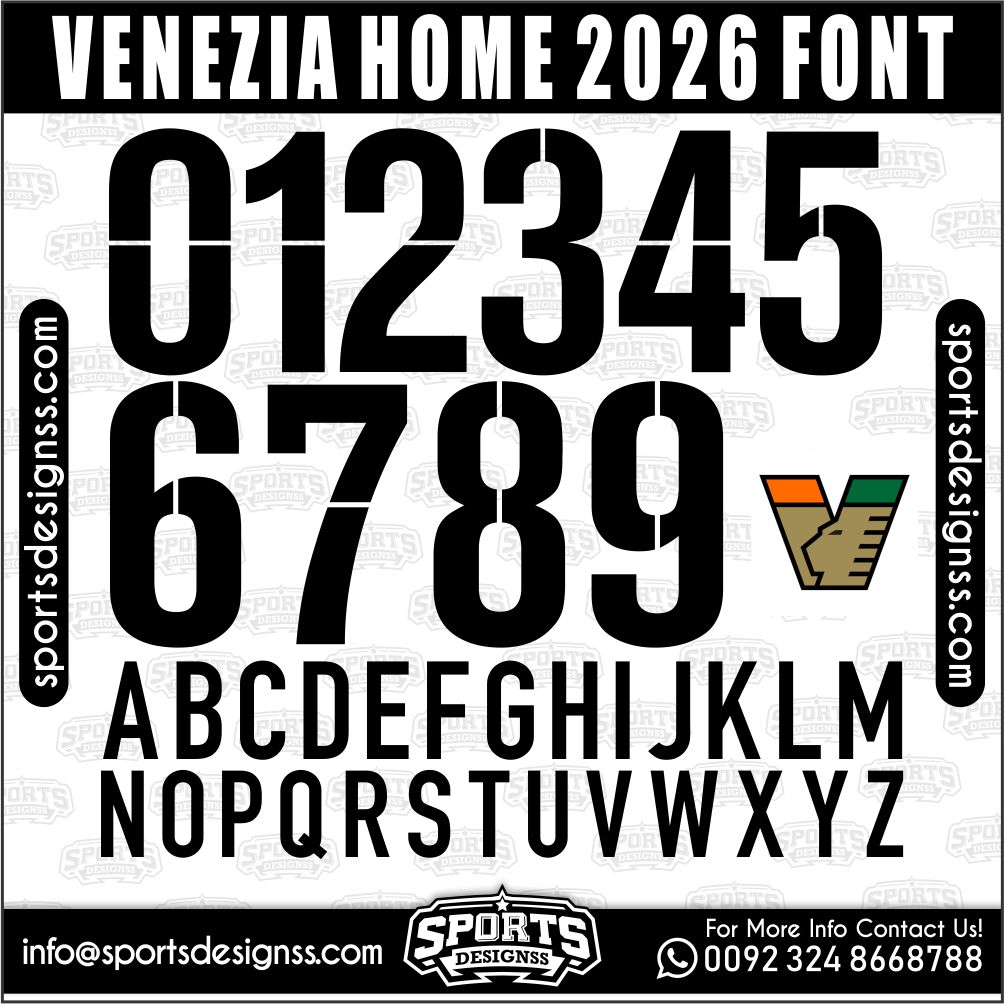 Download the VENEZIA HOME 2026 Font by Sports Designss – a premium football jersey font inspired by modern kits. Perfect for creating professional soccer designs, team jerseys, and custom branding projects.