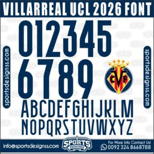 Download the VILLARREAL UCL 2026 Font by Sports Designss – a premium football jersey font inspired by modern kits. Perfect for creating professional soccer designs, team jerseys, and custom branding projects.