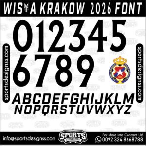 Download the WISLA KRAKOW 2026 Font by Sports Designss – a premium football jersey font inspired by modern kits. Perfect for creating professional soccer designs, team jerseys, and custom branding projects.