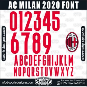 Download the AC MILAN 2020 Font by Sports Designss – a premium football jersey font inspired by modern kits. Perfect for creating professional soccer designs, team jerseys, and custom branding projects.