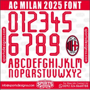 Download the AC MILAN 2025 Font by Sports Designss – a premium football jersey font inspired by modern kits. Perfect for creating professional soccer designs, team jerseys, and custom branding projects.