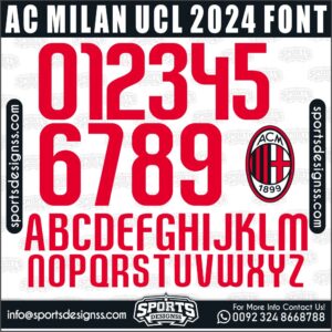Download the AC MILAN UCL 2024 Font by Sports Designss – a premium football jersey font inspired by modern kits. Perfect for creating professional soccer designs, team jerseys, and custom branding projects.