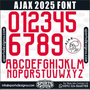 Download the AJAX 2025 Font by Sports Designss – a premium football jersey font inspired by modern kits. Perfect for creating professional soccer designs, team jerseys, and custom branding projects.
