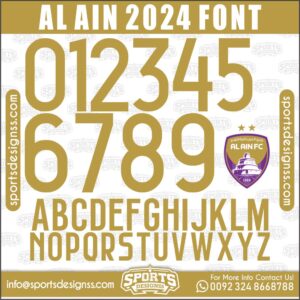 Download the AL AIN 2024 Font by Sports Designss – a premium football jersey font inspired by modern kits. Perfect for creating professional soccer designs, team jerseys, and custom branding projects.