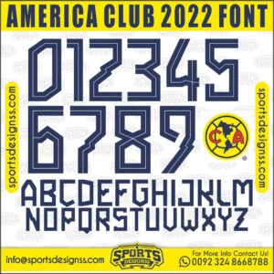 Download the AMERICA CLUB 2022 Font by Sports Designss – a premium football jersey font inspired by modern kits. Perfect for creating professional soccer designs, team jerseys, and custom branding projects.