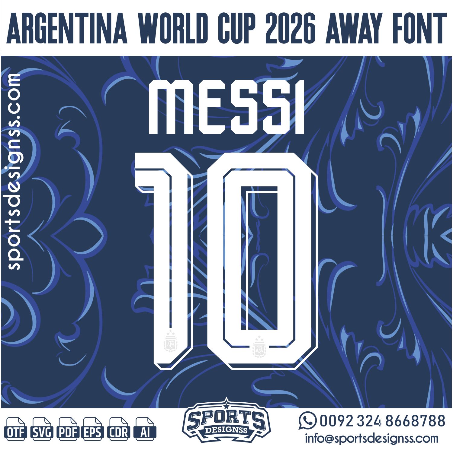 ARGENTINA WORLD CUP 2026 FONT by Sports Designss – a premium football jersey font inspired by modern kits. Perfect for creating professional soccer designs, team jerseys, and custom branding projects.