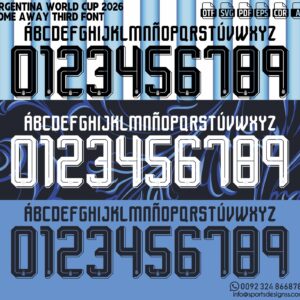 ARGENTINA WORLD CUP 2026 FONT by Sports Designss – a premium football jersey font inspired by modern kits. Perfect for creating professional soccer designs, team jerseys, and custom branding projects.