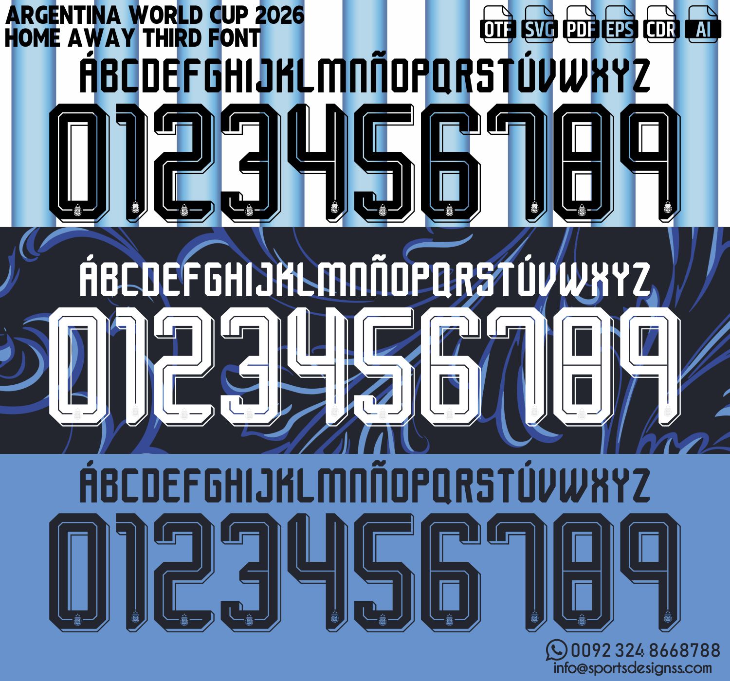 ARGENTINA WORLD CUP 2026 FONT by Sports Designss – a premium football jersey font inspired by modern kits. Perfect for creating professional soccer designs, team jerseys, and custom branding projects.