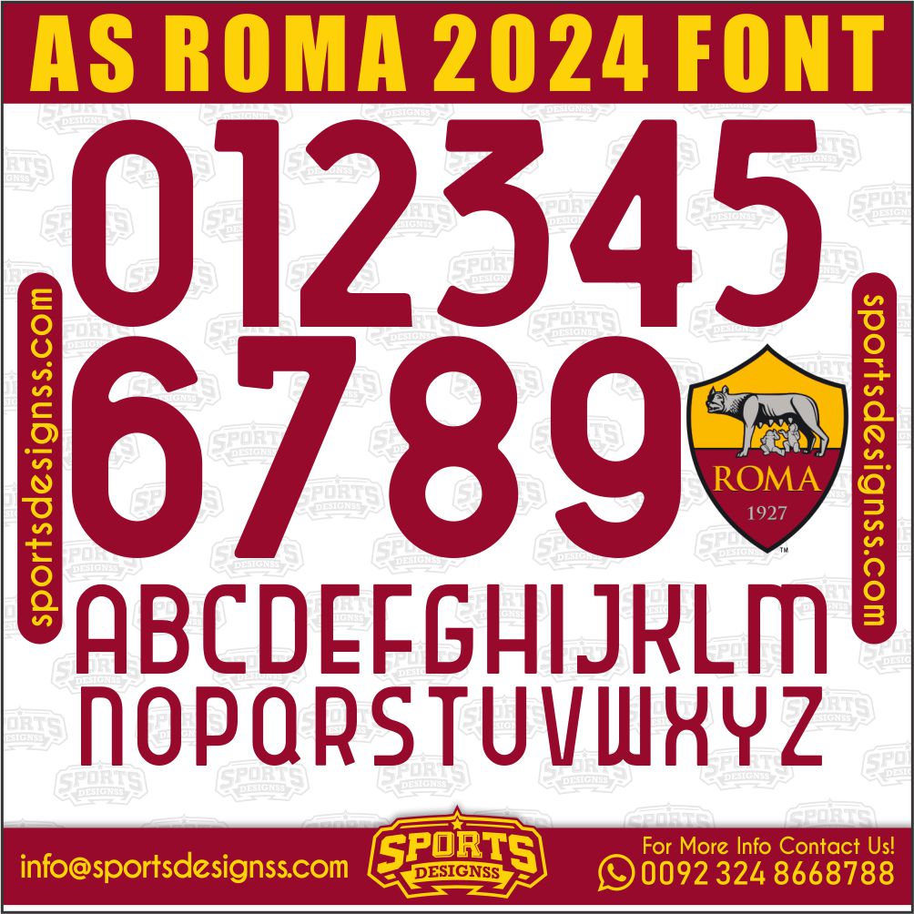 Download the AS ROMA 2024 Font by Sports Designss – a premium football jersey font inspired by modern kits. Perfect for creating professional soccer designs, team jerseys, and custom branding projects.
