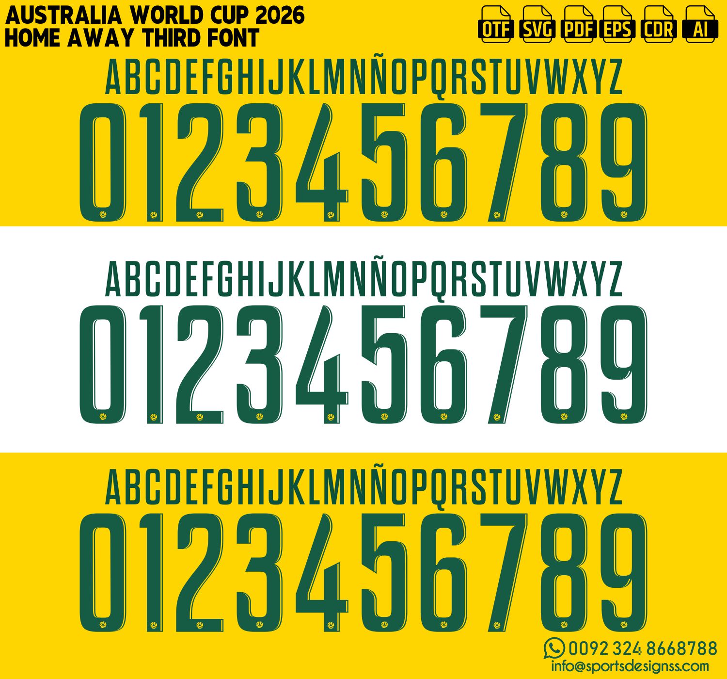 AUSTRALIA WORLD CUP 2026 FONT by Sports Designss – a premium football jersey font inspired by modern kits. Perfect for creating professional soccer designs, team jerseys, and custom branding projects.