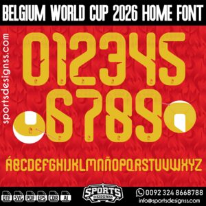 Download the BELGIUM WORLD CUP 2026 HOME FONT by Sports Designss – a premium football jersey font inspired by modern kits. Perfect for creating professional soccer designs, team jerseys, and custom branding projects.