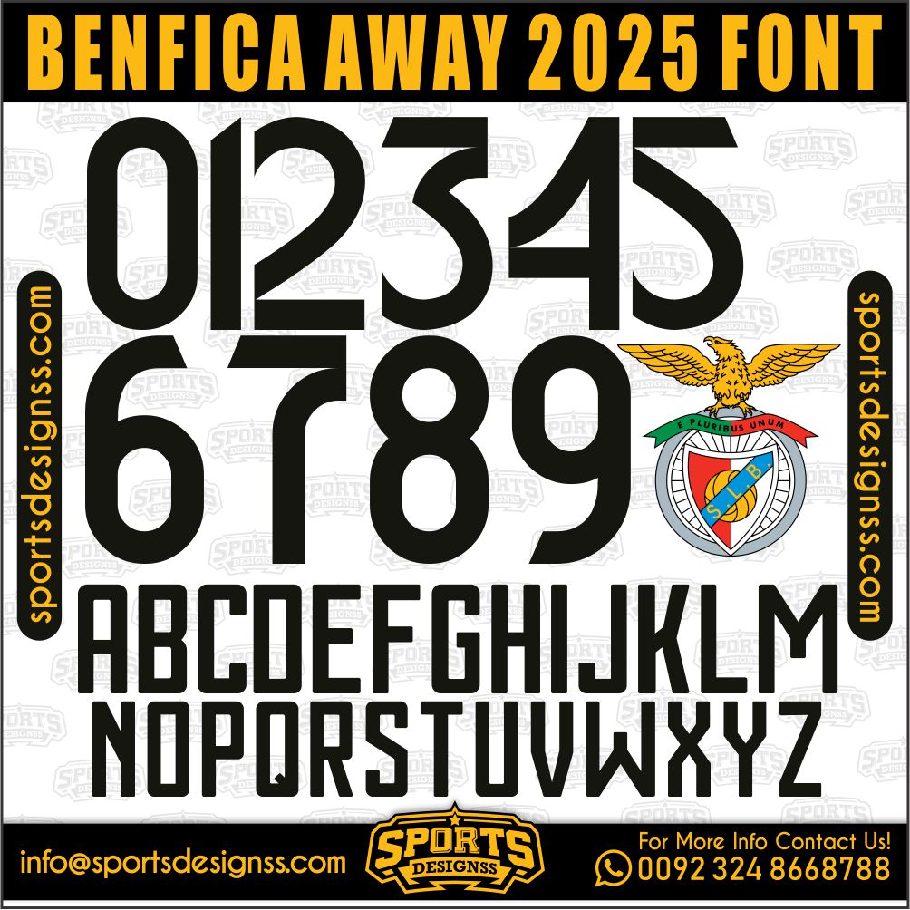 Download the BENFICA AWAY 2025 Font by Sports Designss – a premium football jersey font inspired by modern kits. Perfect for creating professional soccer designs, team jerseys, and custom branding projects.