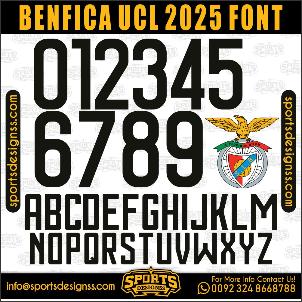 Download the BENFICA UCL 2025 Font by Sports Designss – a premium football jersey font inspired by modern kits. Perfect for creating professional soccer designs, team jerseys, and custom branding projects.