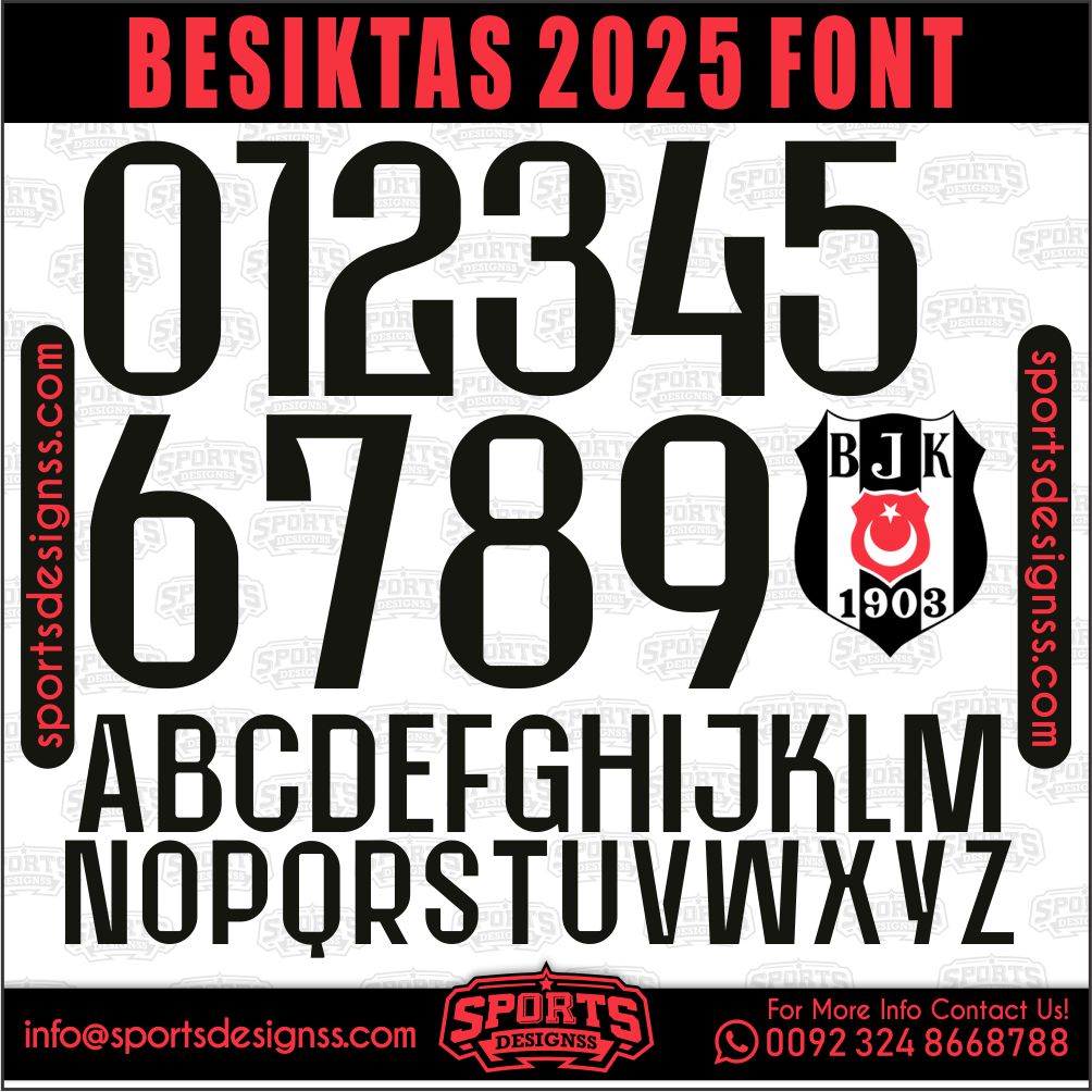 Download the BESIKTAS 2025 Font by Sports Designss – a premium football jersey font inspired by modern kits. Perfect for creating professional soccer designs, team jerseys, and custom branding projects.