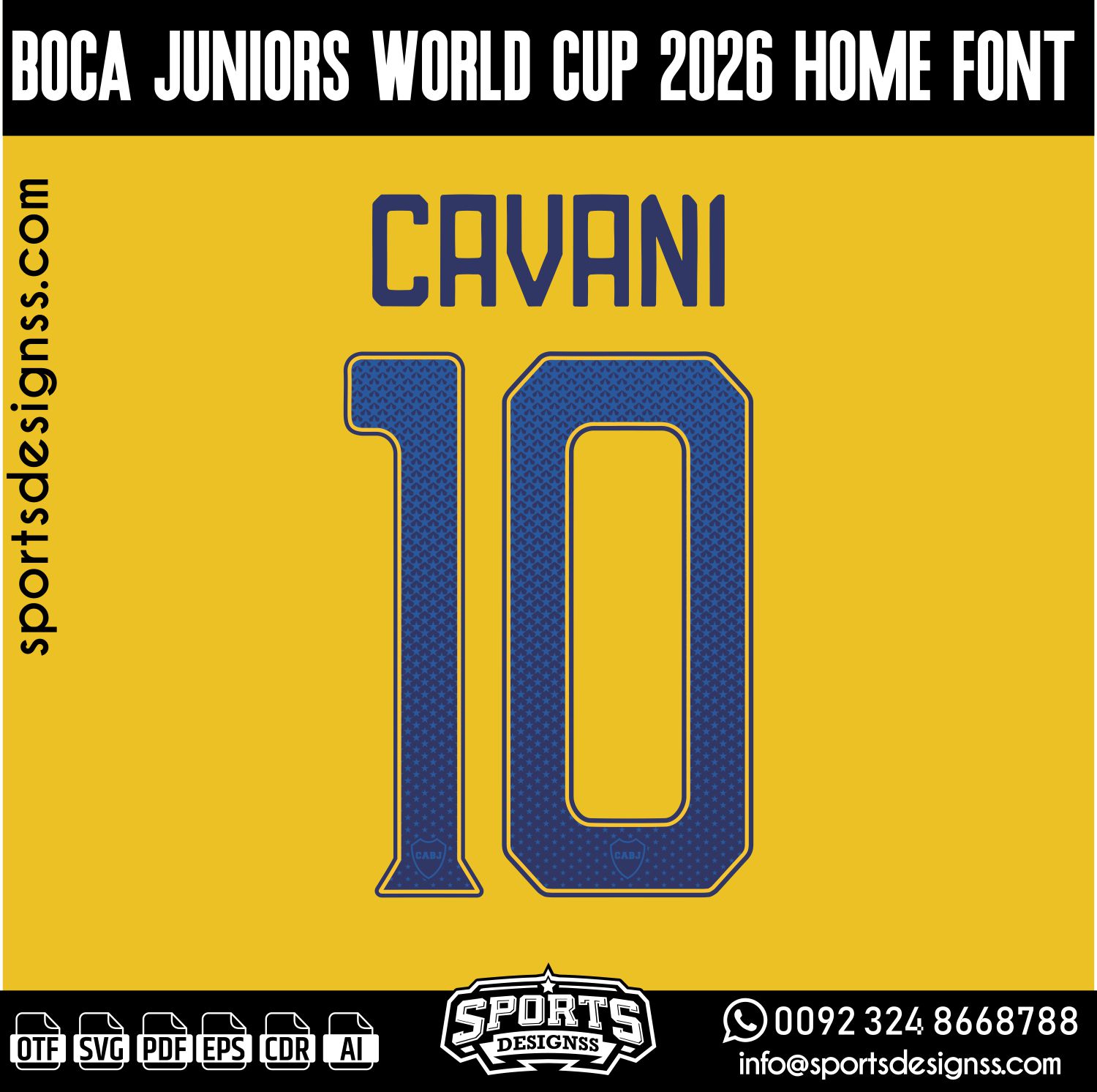 BOCA JUNIORS WORLD CUP 2026 FONT by Sports Designss – a premium football jersey font inspired by modern kits. Perfect for creating professional soccer designs, team jerseys, and custom branding projects.