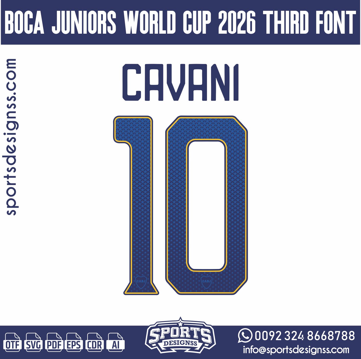 BOCA JUNIORS WORLD CUP 2026 FONT by Sports Designss – a premium football jersey font inspired by modern kits. Perfect for creating professional soccer designs, team jerseys, and custom branding projects.