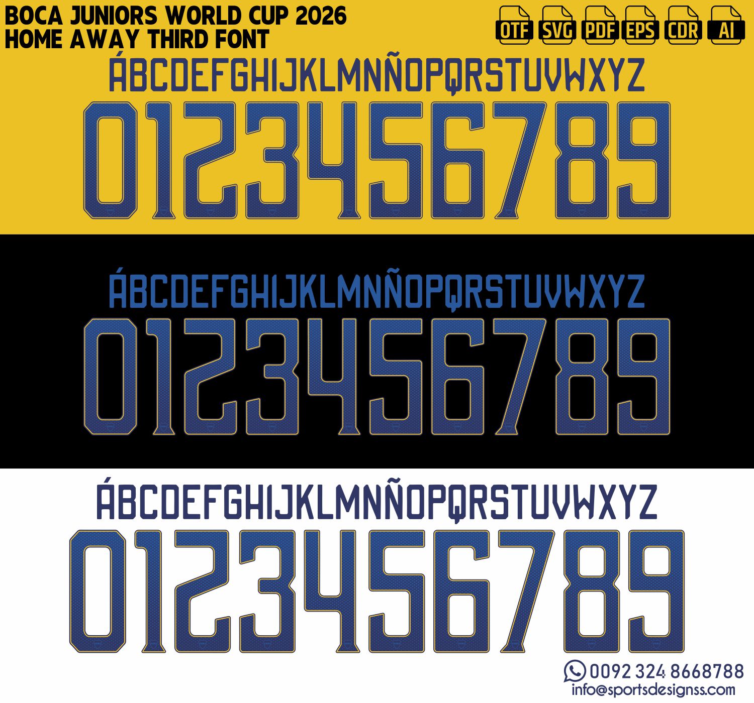 BOCA JUNIORS WORLD CUP 2026 FONT by Sports Designss – a premium football jersey font inspired by modern kits. Perfect for creating professional soccer designs, team jerseys, and custom branding projects.