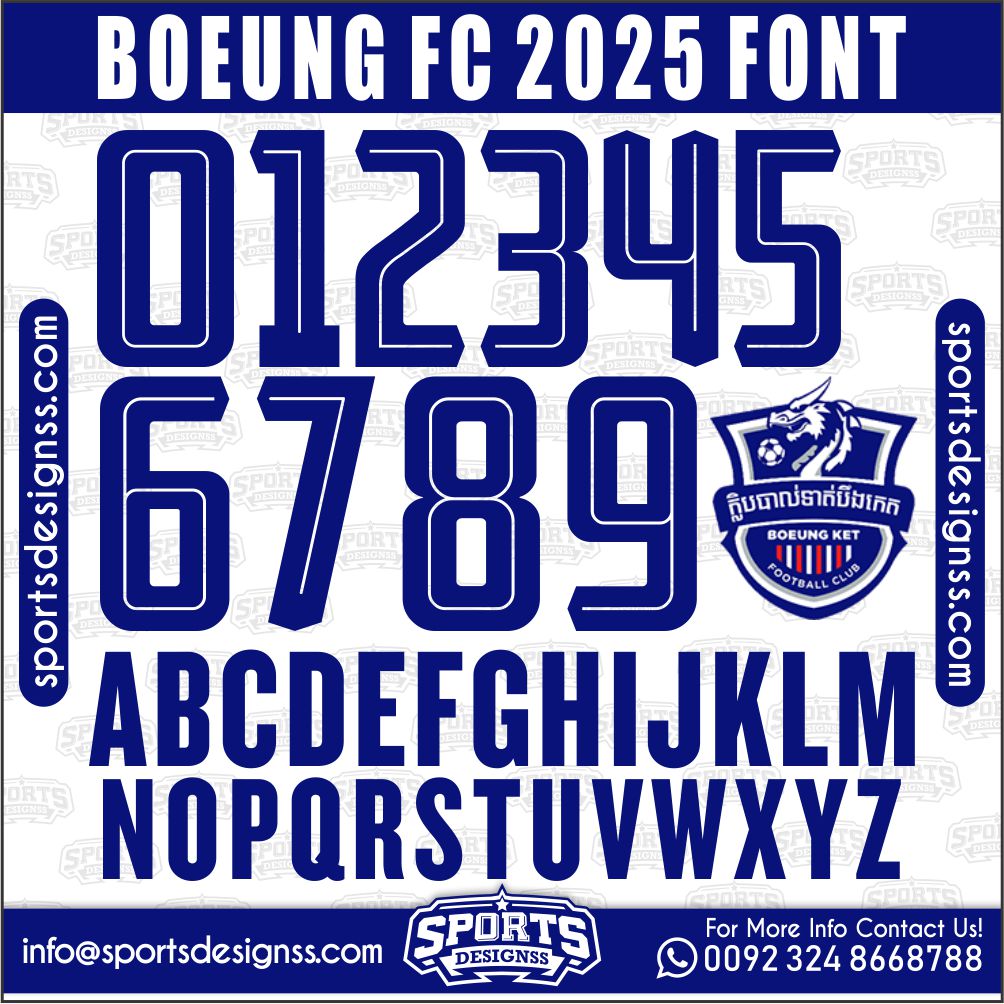 Download the BOEUNG FC 2025 Font by Sports Designss – a premium football jersey font inspired by modern kits. Perfect for creating professional soccer designs, team jerseys, and custom branding projects.