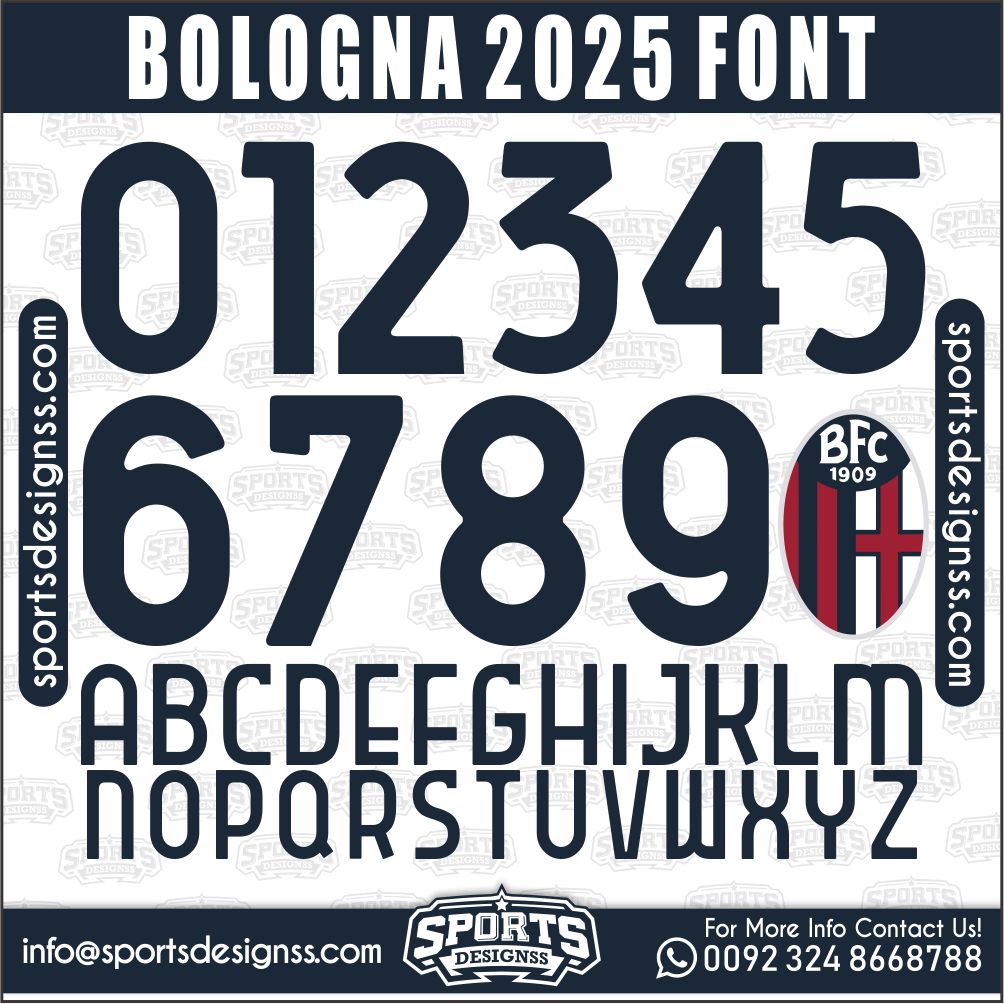 Download the BOLOGNA 2025 Font by Sports Designss – a premium football jersey font inspired by modern kits. Perfect for creating professional soccer designs, team jerseys, and custom branding projects.