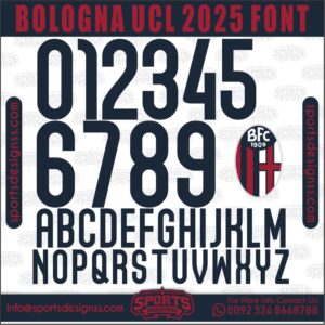 Download the BOLOGNA UCL 2025 Font by Sports Designss – a premium football jersey font inspired by modern kits. Perfect for creating professional soccer designs, team jerseys, and custom branding projects.