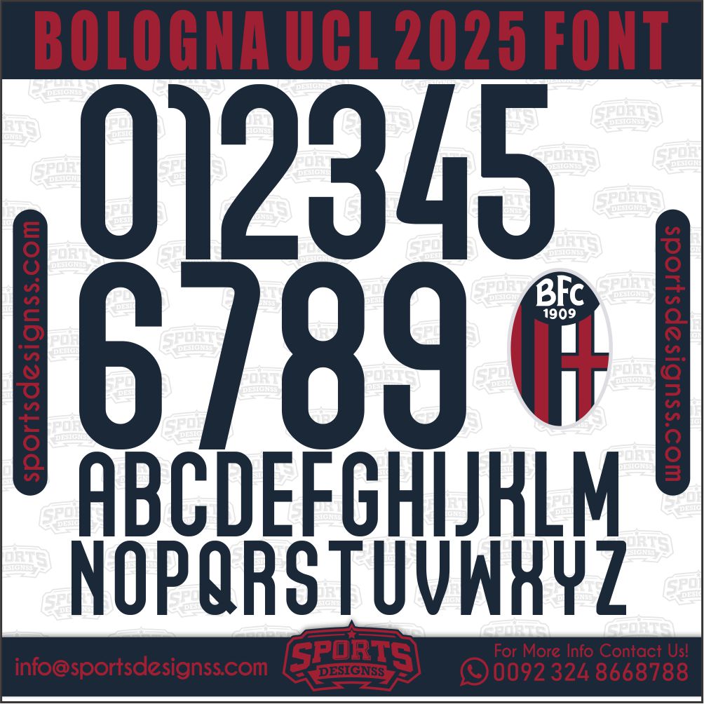 Download the BOLOGNA UCL 2025 Font by Sports Designss – a premium football jersey font inspired by modern kits. Perfect for creating professional soccer designs, team jerseys, and custom branding projects.