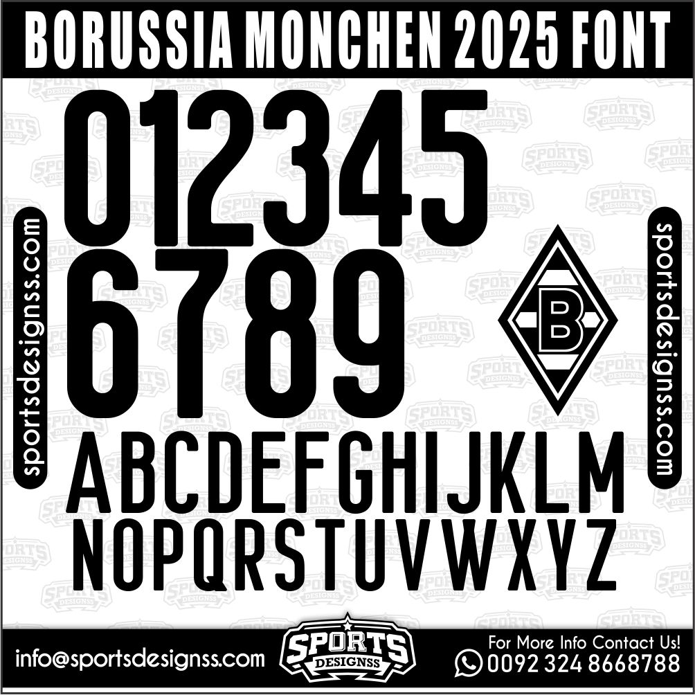 Download the BORUSSIA MONCHEN 2025 Font by Sports Designss – a premium football jersey font inspired by modern kits. Perfect for creating professional soccer designs, team jerseys, and custom branding projects.