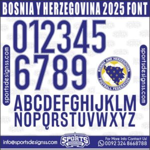 Download the BOSNIA Y HERZEGOVINA 2025 Font by Sports Designss – a premium football jersey font inspired by modern kits. Perfect for creating professional soccer designs, team jerseys, and custom branding projects.