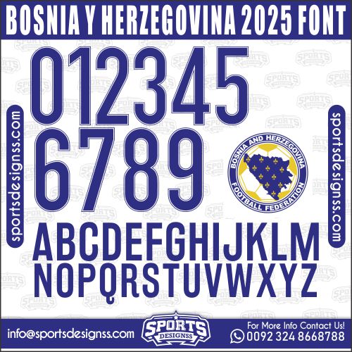 Download the BOSNIA Y HERZEGOVINA 2025 Font by Sports Designss – a premium football jersey font inspired by modern kits. Perfect for creating professional soccer designs, team jerseys, and custom branding projects.