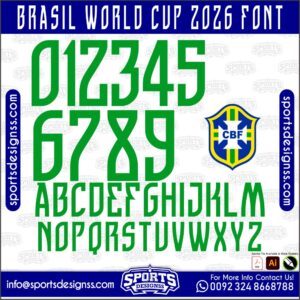 Download the BRAZIL WORLD CUP 2026 Font by Sports Designss – a premium football jersey font inspired by modern kits. Perfect for creating professional soccer designs, team jerseys, and custom branding projects.