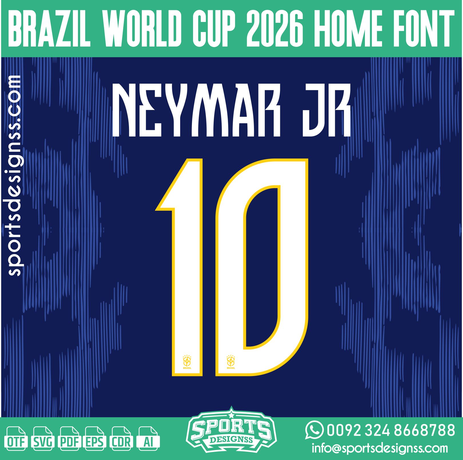 BRAZIL WORLD CUP 2026 HOME FONT by Sports Designss – a premium football jersey font inspired by modern kits. Perfect for creating professional soccer designs, team jerseys, and custom branding projects.