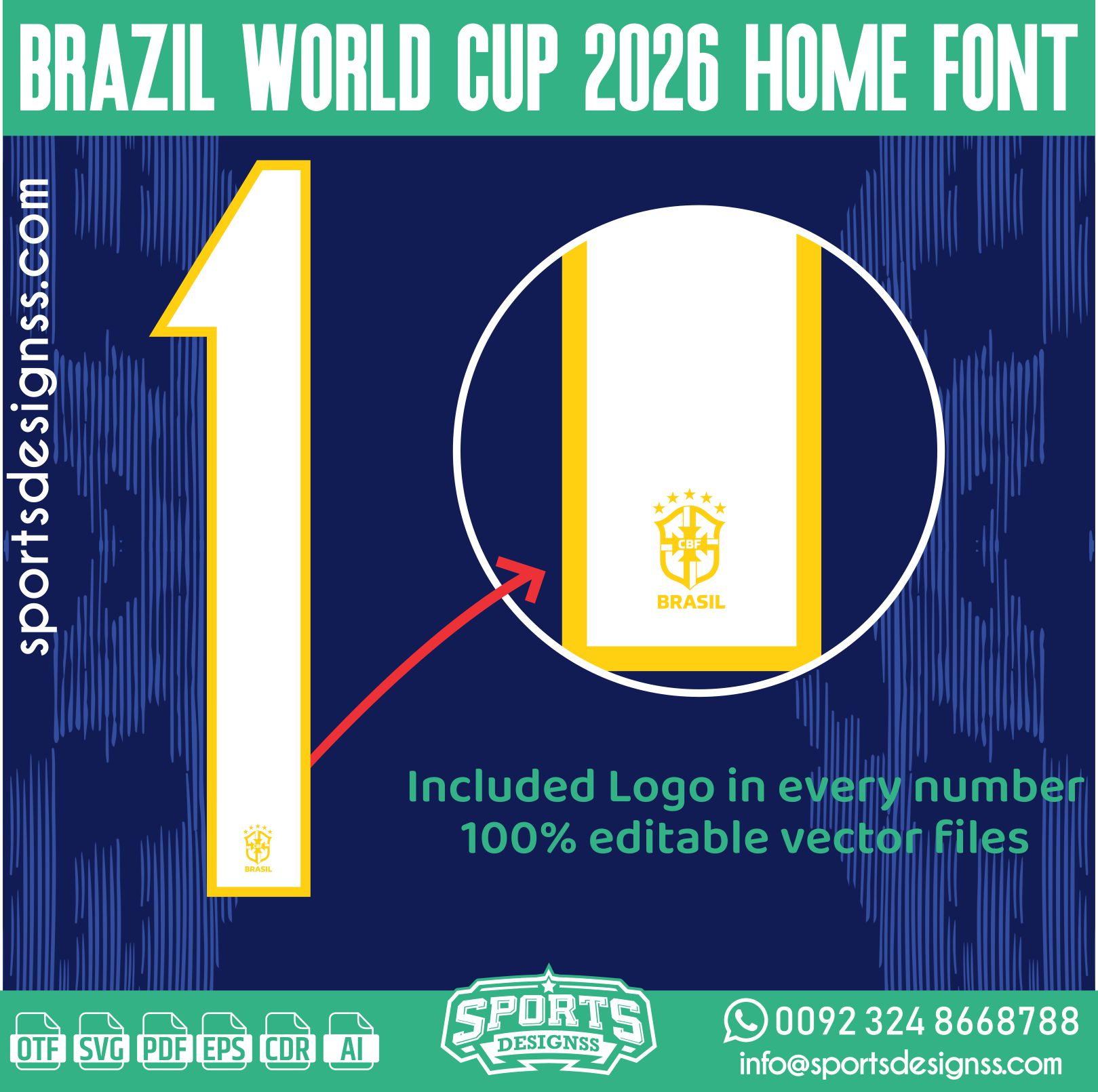 BRAZIL WORLD CUP 2026 HOME FONT by Sports Designss – a premium football jersey font inspired by modern kits. Perfect for creating professional soccer designs, team jerseys, and custom branding projects.
