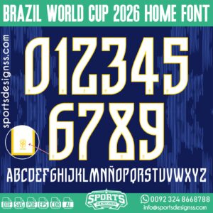 BRAZIL WORLD CUP 2026 HOME FONT by Sports Designss – a premium football jersey font inspired by modern kits. Perfect for creating professional soccer designs, team jerseys, and custom branding projects.